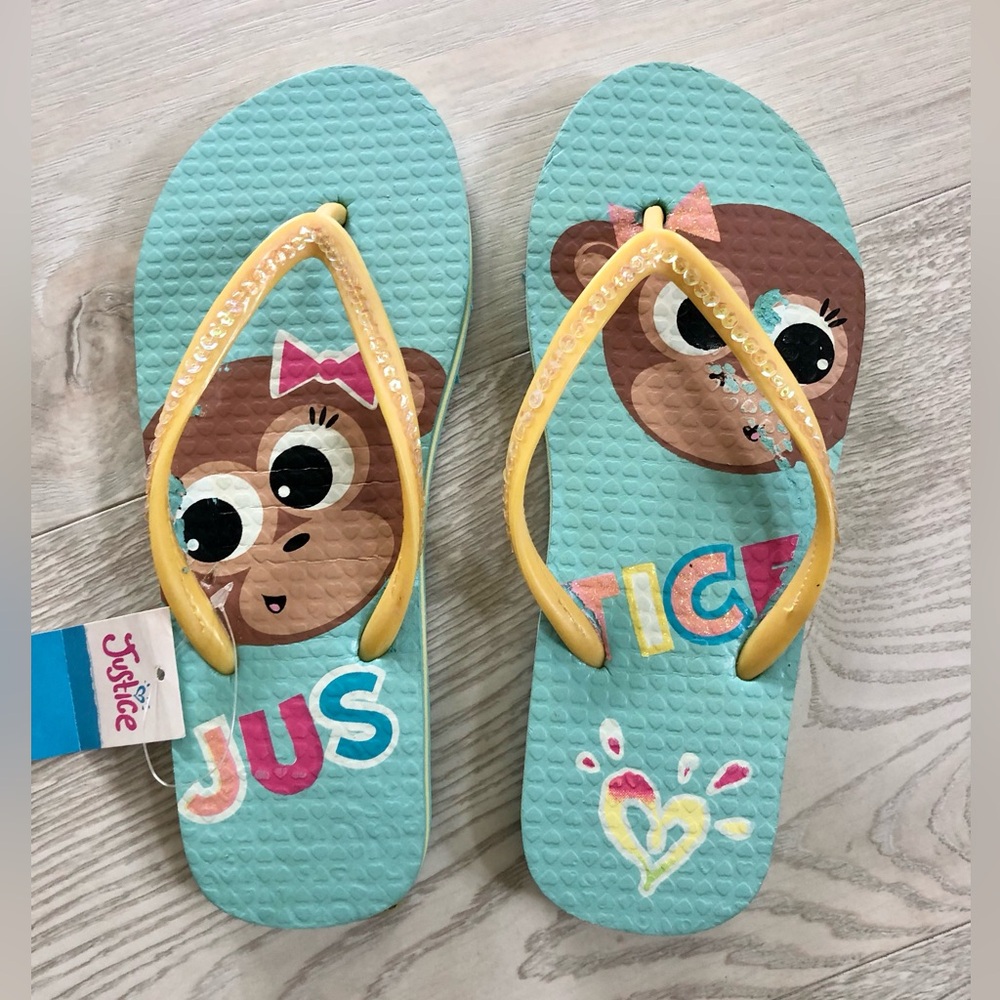 NWT Justice Girl’s Monkey Sequin Flip Flop Sandals